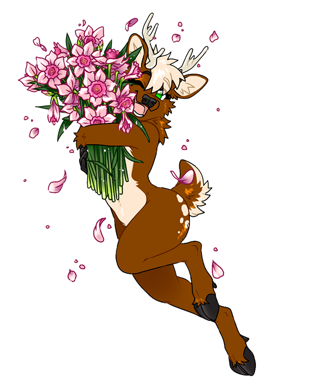Artwork of an anthropomorphic deer holding a bouquet of daffodils to her chest